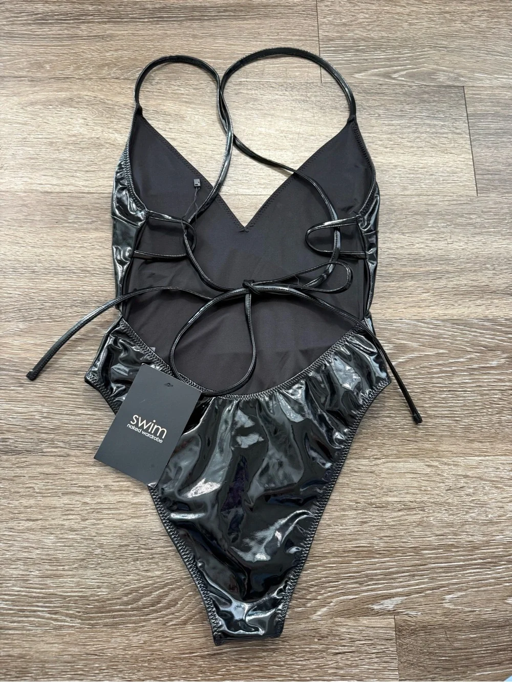 Naked Wardrobe Swim Vinyl Strappy Back One-Piece Black